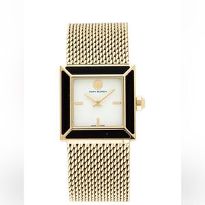 Tory Burch sawyer watch- mesh band and black enamel trim